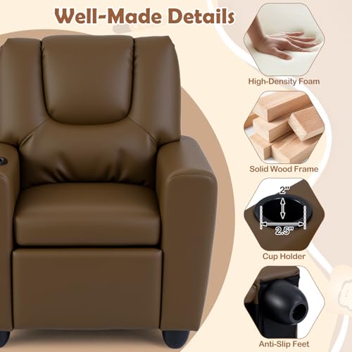 Image of Kids Recliner, Toddler Lounge Chair w /Cup Holder, Wide Armrest, Kids Sofa w /Adjustable Footrest, Comfy Toddler Recliner Chair for for Boys & Girls 3 + (PU, Brown)