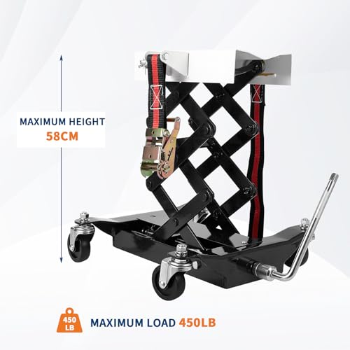 Image of GarveeTech Low Profile Transmission Jack 450 LB Capacity, 7-23 in Lift Range, Auto Repair Car Lift Jack with Double Scissor Design, Safety Locking Straps & 4 Swivel Wheels for Home Garage, Black