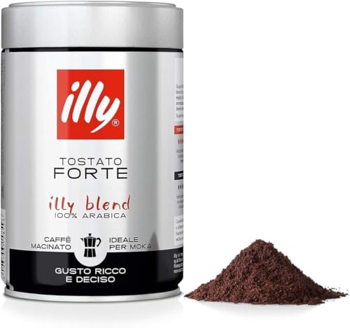 illy, Caffè Macinato per Moka Tostato FORTE, 100% Arabica con Intenso Aroma di Pan Tostato e un Retrogusto di Cioccolato Fondente, Gusto Deciso, Confezione da 250g