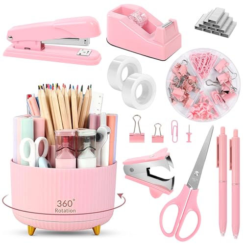 SKYDUE Pinkes Bürobedarf-Set, Schreibtisch-Organizer, Stifthalter für Schreibtisch, Hefter, Klebebandspender, Schere, Lineal, Clips und 1000 Heftklammern, Bürodekoration für Frauen, rosa