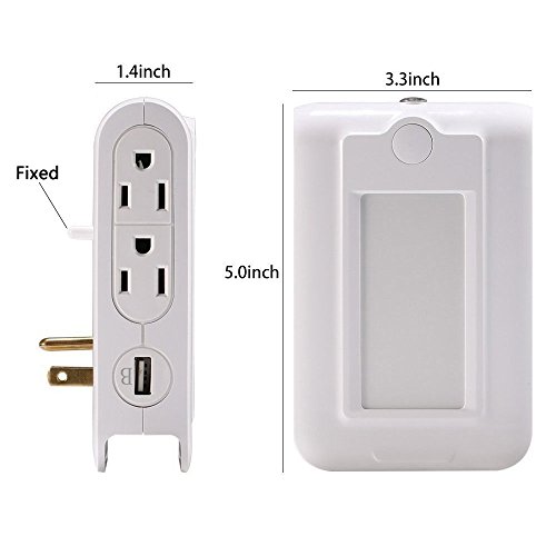 Finduat Wall Mount Charger Outlet With Dusk To Dawn Sensor LED Night Light, Surge-protected Power Socket Extender With 4 AC Outlet 2 USB Charging Ports for IPhone, Samsung, IPad, Phone Holder Slot - Thumbnail 2
