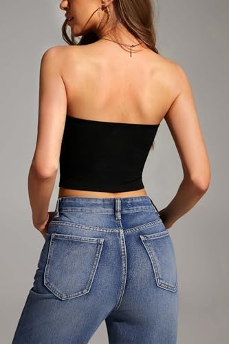 Image of 4-Pack Women's Strapless Tube Tops, Slim Fit Bandeau Crop Shirts | Soft Knit Backless Basic Shirt, Sleeveless Bodycon Fashion, Y2K Going Out Look, Summer Layering, Beach, Party & Daily Fit