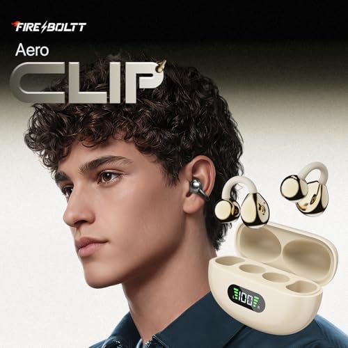 Image of Fire-Boltt Aero Clip OWS Earbud w /Clip-On Fit, Custom EQ, Wireless Bluetooth TWS,50H Playtime, 50ms Low Latency, Display on Charging Case, App Support, Touch Controls, Gaming & Music-Sandstone Beige