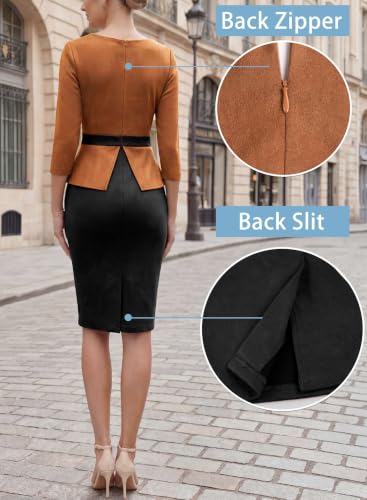 Image of VFSHOW Womens Pleated Crew Neck Peplum Slim Work Business Bodycon Dress | 3 /4 Sleeves, Professional Elegant Church, Funeral, Spring Fall, Fitted Office Pencil Sheath Dress