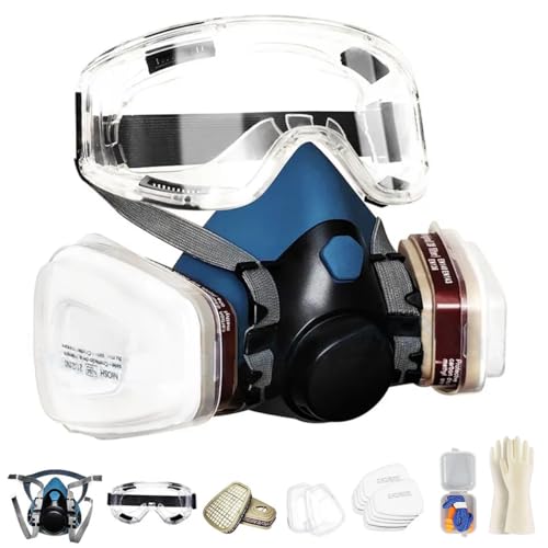 Sumeber Mascarilla de protección respiratoria para media cara, máscara química con 10 filtros de algodón, antipolvo, protección contra el polvo fino, máscara protectora con gafas de protección