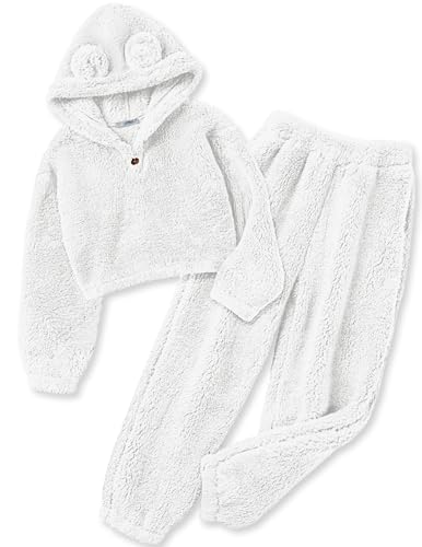 Arshiner Girls 2 Piece Outfits Sweatsuit Fuzzy Long Sleeve Bear Ear Hoodie Sweatshirt and Sweatpant Kids Clothing Sets