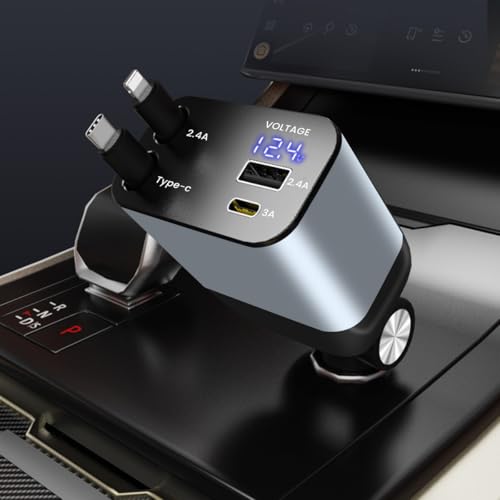 Image of Retractable Car Charger 4 in 1 Car Fast Charger 66W with Dual Retractable Cables & USB Port Compact Design for Efficient Charging Car Mobile Charger Fast Charging