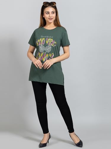 Image of Magknit Fancy Printed Both Side Cut Cotton Blend Half Sleeves and Lightwiegt Trendy Summer Long T Shirt for Women