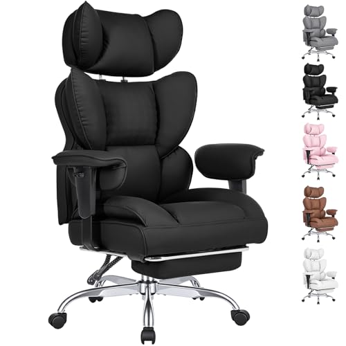 DUMOS Big and Tall Home Office Desk Chair, Gaming Computer Chair, Executive Ergonomic Chair with Footrest, High Back Reclining, Adjustable Armrests and Comfy Lumbar Support, PU Leather, Black