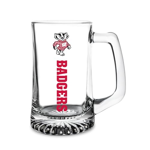 Rico Industries NCAA Wisconsin Badgers Standard 14oz Glass Stein – Official Logo Mug, Heavy-Duty Clear Glass Beer Stein for Home, Bar, or Game Day