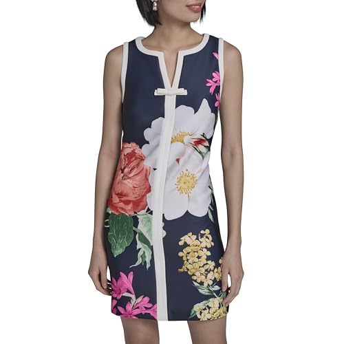 Image of Karl Lagerfeld Women's Sleeveless Split Neck Contrast Trim A-line Mini Dress with Bow Detail