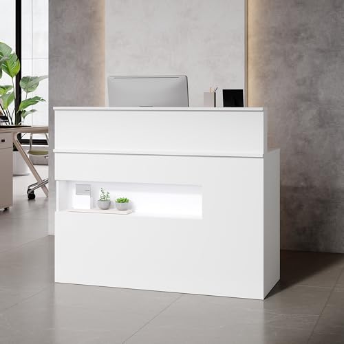 Image of PREMTURE Reception Desk with LED Lights & Display Shelf, White Reception Counter with Lockable Drawers for Company Halls, Hotel Receptions, Clothing Stores, Beauty Salon, 50D x 120W x 100H cm