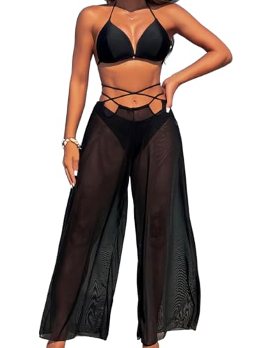 3 Piece Bikini Sets with Mesh Cover Up Pants, Halter Cheeky Thong Swimsuits, Sexy Bathing Suits for Women