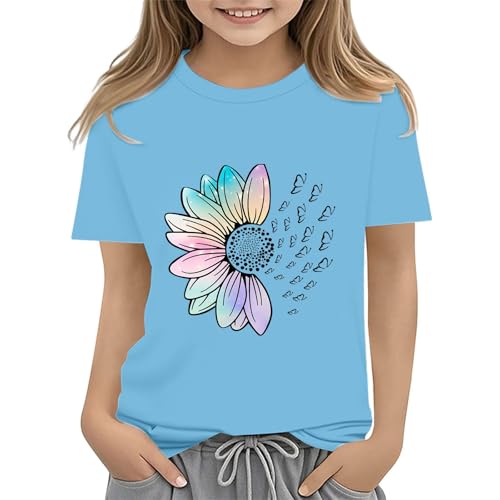 Girls Loose Fit Sunflower Graphic T Shirts Short Sleeve Crewneck Cute Pattern Printed Tops Kids (A-Sky Blue, 6-7 Years)