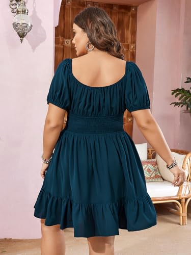 Image of SCOMCHIC Womens Plus Size Mini Dress Square Neck Puff Short Sleeve Casual Summer A Line Boho Cute Spring Short Dresses
