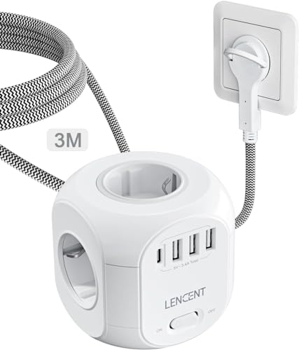 LENCENT 4-Vägs Europeiska Grenuttag med Strömbrytare, 8 i 1 Flera Uttag Strömlista med 3 USB-A & 1 Typ C, Europakontakt Grenuttag 3 Meter Flätad Kabel för Vägguttag Multipeluttag, Type C/E/F, Vit