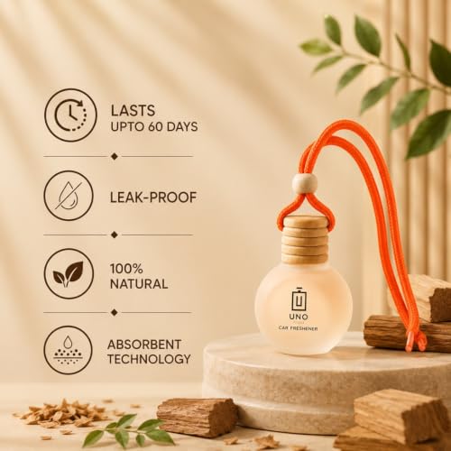 Image of UNO AROMA Sandal Wood Car Air Freshener, 15ml, Long Lasting Hanging car perfume, Toxin-Free Oil in Glass Bottle with Wooden Diffuser, Car Accessories for fresh aroma, Last Upto-60 Days