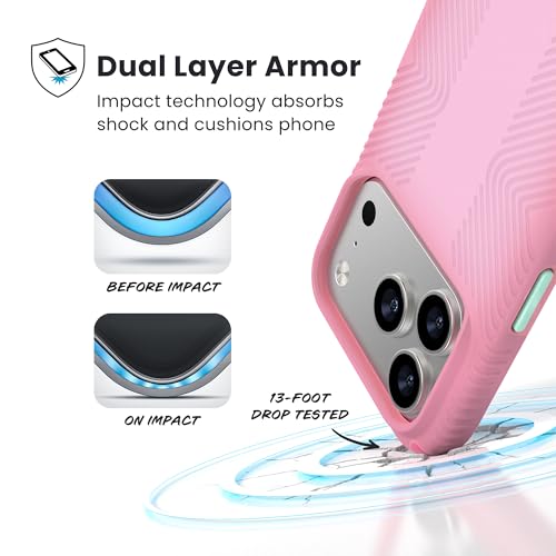 Image of Speck Presidio LUX Grip for iPhone 17 Pro Case, MagSafe-Compatible, Slim Protective Case, IBIS Pink /Dark IBIS /KANOM Green