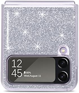 Case for Samsung Galaxy Z Flip 4 Case 5G Glitter Shockproof Rigid Hard PC Back Case Shiny PU Leather Cover for Girls Women Slim Fit Drop Protection Phone Bumper Silver