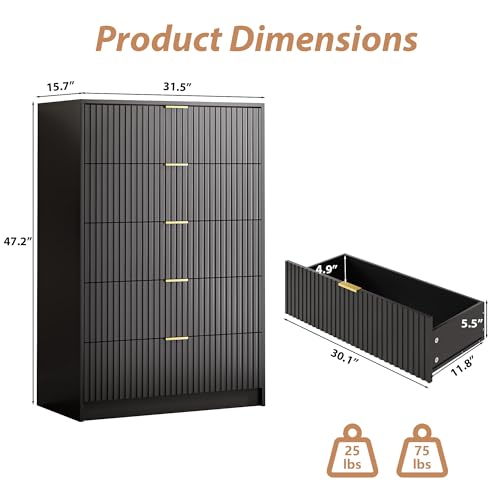 Image of MAISONARIA 5 Drawer Dresser for Bedroom, Tall Dresser Chest of Drawers with Gold Handles, 32 Inch Wide Nightstand with for Bedroom, Living Rooms, Offices, and Entryways, Black