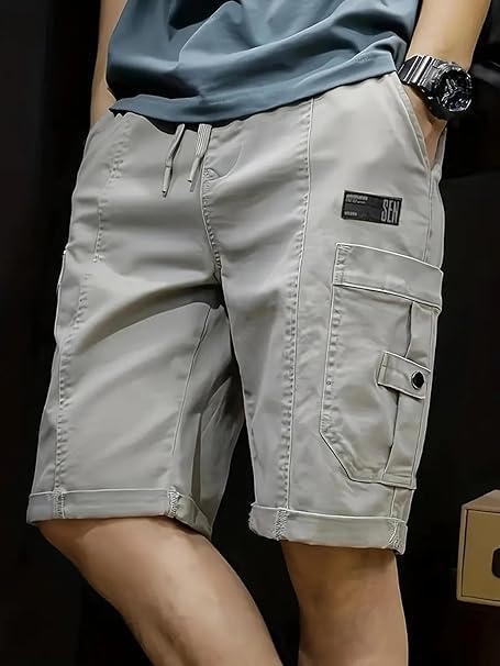 Image of Men's 100% Pure Cotton Cargo Shorts | Regular Fit Knee Length Utility Shorts with Multiple Pockets | Casual Outdoor Summer Wear Shorts for Men