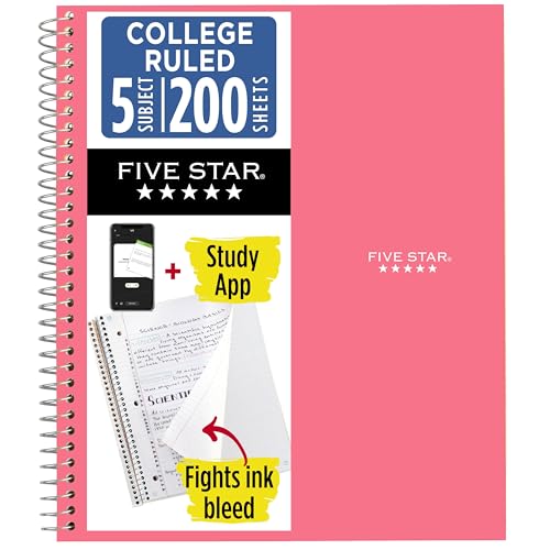 Five Star Spiral Notebook + Study App, 5 Subject, College Ruled Paper, 8-1-2 x 11, 200 Sheets, Fights Ink Bleed, Water Resistant Cover, Prom Pink (820004R)