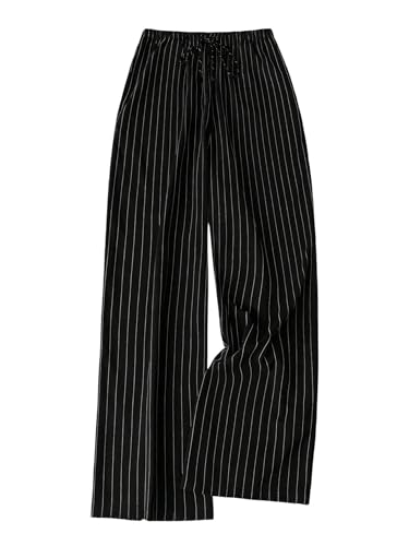 WDIRARA Women's Striped Wide Leg Pants Elastic High Waisted Loose Pants Black and White X-Large