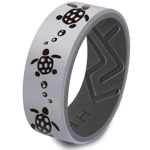 Silicone Ring for Men Women,8mm Sea Turtle Design Rubber Promise Engagement Wedding Band,Comfort Fit Breathable Ring Size 6-13