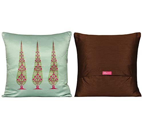 Image of India Circus by Krsnaa Mehta Peacock & Conifer Multicolor Satin Blend Cushion Pillow Covers Set of 5 (16 x 16 Inches), 110 TC