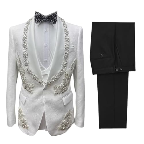 Men's Suit 3 Piece Set Handmade Luxury Jacquard Jacket Vest Pants with Crystal Bead Rhinestone for Wedding Formal Dinner