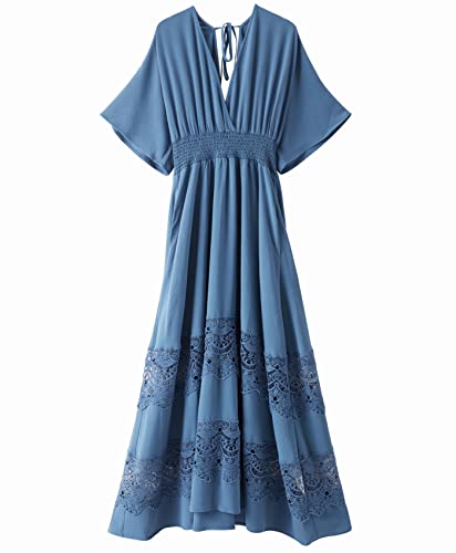 Olaesa Boho Maxi Dress V Neck Short Sleeve Lace Smocked Waist Bohemian Party Dress for Women with Pockets Blue