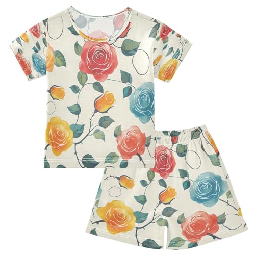 senya Short Sleeve Pajamas Sets Summer Cotton Sleepwear Flower Leaves Rose Fantasy Ink Red Yellow