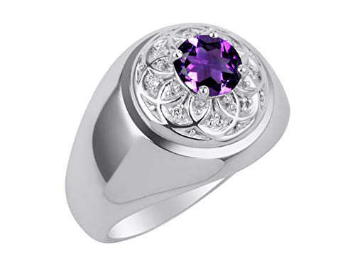 Image of Rylos Men's Designer Gypsy Ring with 7MM Round Gemstone & Diamond - Birthstone Rings in Sizes 8-13 in Sterling Silver