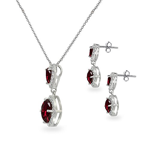 B. Brilliant Sterling Silver Synthetic Ruby & White Topaz Drop Dangle Earrings & Necklace Jewelry Set For Women #TOP3