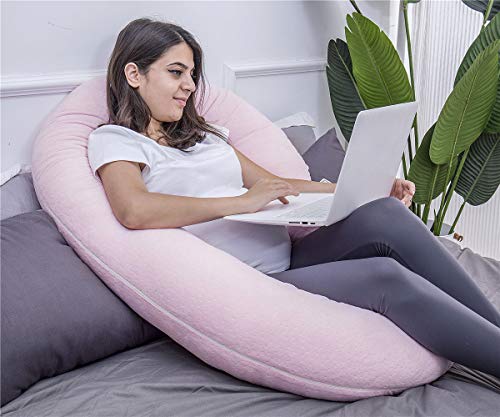 Image of 1 MIDDLE ONE Pregnancy Pillow, C Shaped Body Pillow for Maternity Support, Pregnant Women Sleeping Pillow with Velour Cover (Light Pink)