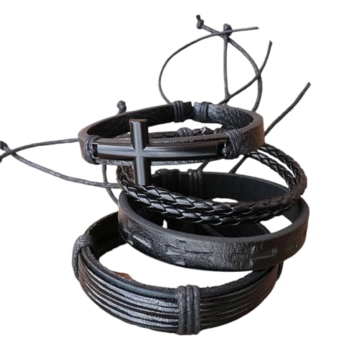 4 Pack Handmade Leather Fashion Wrist Accessory Multilayer Daily Wear Leather Texture for Man Set for Men