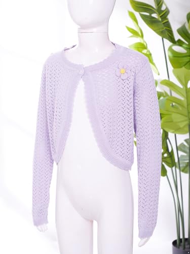 Aislor Kids Girls Knit Long Sleeve Cute Flower One Button Closure Bolero Cardigan Shrug Hollow Out Sweaters Tops4