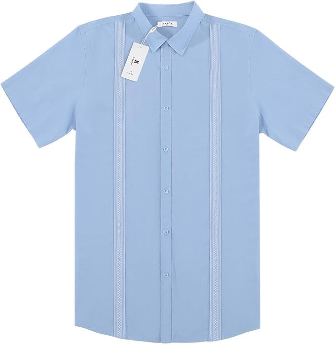 Image of JEKAOYI Mens Casual Linen Cotton Button Down Short Sleeve Shirts Cuban Camp Guayabera Beach Tops