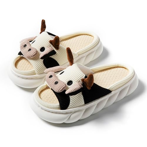 Cow Slippers for Women Men, Cute Cartoon Animal Slippers, Fuzzy/Linen Kawaii House Slippers, Winter/Summer Cow Slides for Indoor and Outdoor