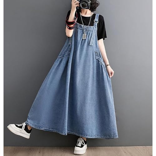 Women's Denim Jumper Dress Loose Baggy Maxi Adjustable Strap Wide Hem Oversize Long Jean Overalls4