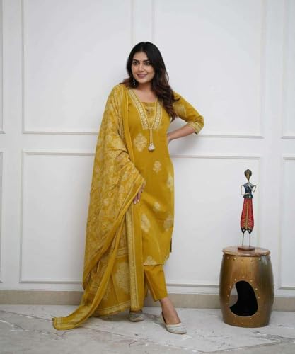 Image of DR DIGITAL Women's Cotton Printed Straight Kurti with pant and Dupatta Set