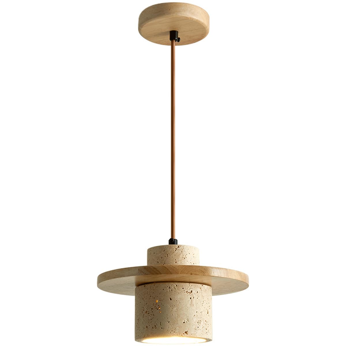 Lustre Suspendu Japonais Wabi-Sabi En Travertin Jaune Et Bois - Abat-jour En Pierre Naturelle - Pour îlot De Cuisine Ou Salle à Manger