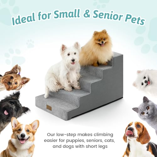 Image of COZY KISS Dog Stairs for Small Dogs 15.7 inch H, 4-Step Gentle Incline Pet Step for Couch Sofa, Non-Slip Dog Ramp for Puppy Doggie Senior Cats, 15.7x23.6x15.7 Inch, Grey
