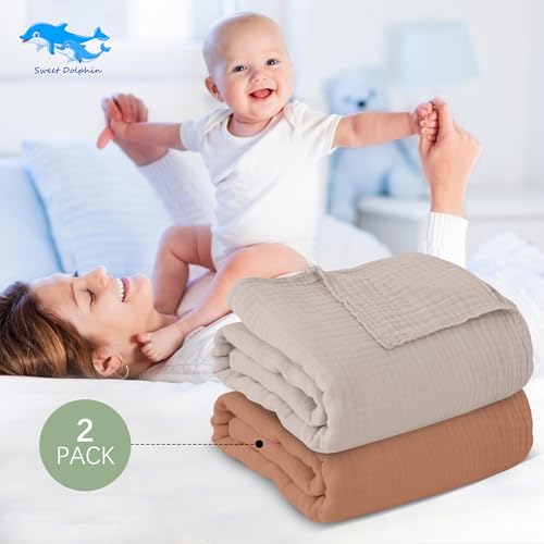 Image of SWEET DOLPHIN Muslin Baby Bath Towels Blanket - 2 Pack 100% Cotton Towel for Babies, Infants, Toddlers - 40x40Inch - Highly Absorbent, Light Bean Paste