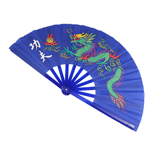 Éventail de danse chinois bleu pliant en plastique avec motif dragon pour Tai Chi Kung-fu portable