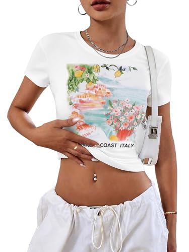 TAKEYAL Baby Tee Women's Graphic Crop Top Casual T-Shirt Cute Baby Tee Summer Tops Large White-B
