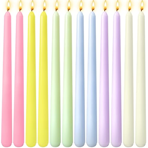 12 Pack 10 inch Candy-Color Taper Candle Set for Holiday Dinner Party Unscented Long Candlesticks Dripless and Smokeless 7-8 Hours Burn