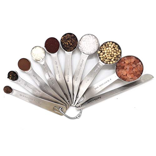 Smithcraft 188 Stainless Steel Metal Measuring Spoons Complete Set of 10pcs with Measurment Leveler Professional Measurer Scoops Ingredients Liquid or Dry Heavy Duty Solid