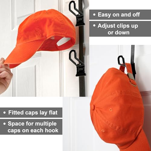 Perfect Curve CapRack | Over-The-Door Hat Organizer for Baseball Caps | 2 Straps, Holds 18-36 Adjustable Caps | Black