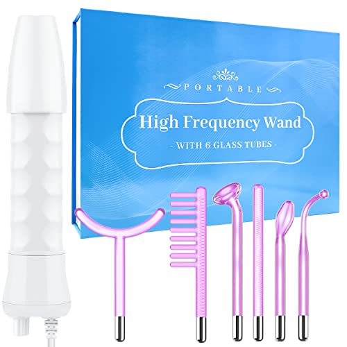 High Frequency Facial Wand - Uaike 6 in 1 Violet Portable Handheld High Frequency Facial Machine with 6 Pcs Purple Glass Tubes - at Home Face Skin Wand Device for Neck/Body/Hair/Face
